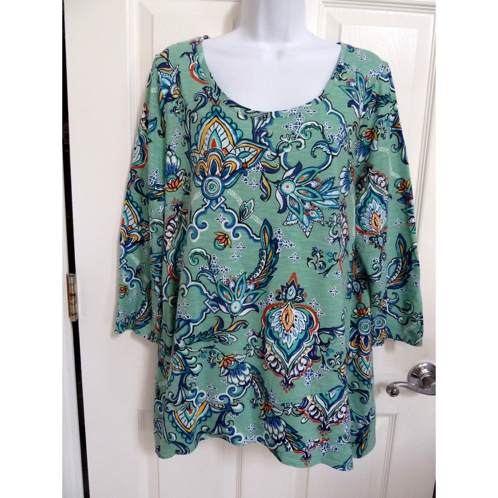 Chico's Size 2 L Asymmetrical Tunic Top Floral Paisley 3/4 Sleeve Green Multi